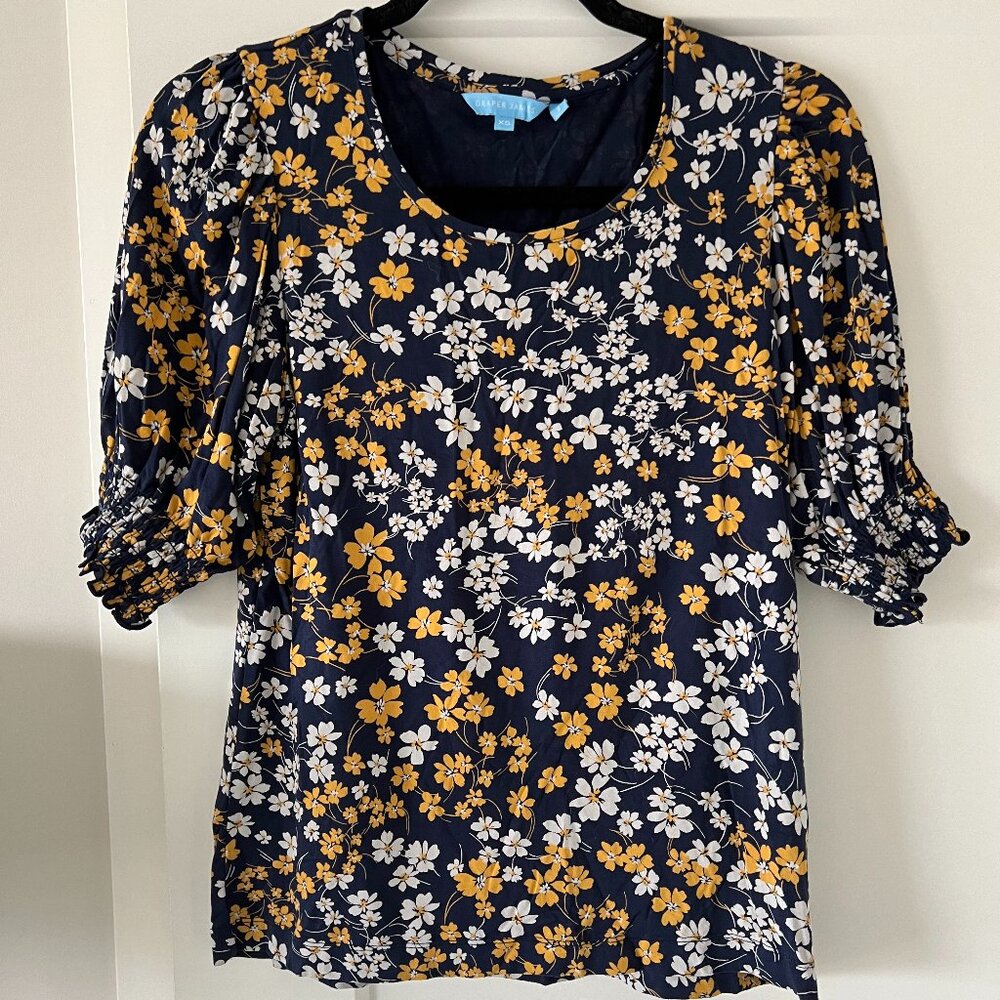 Draper James Navy Floral Short Sleeve Blouse Size XS